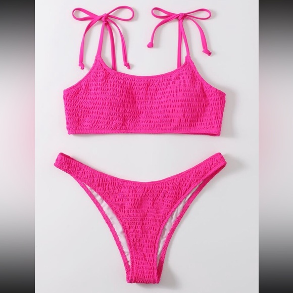 SHEIN Other - XS HOT PINK Smocked Tie Shoulder Bikini (2 piece)